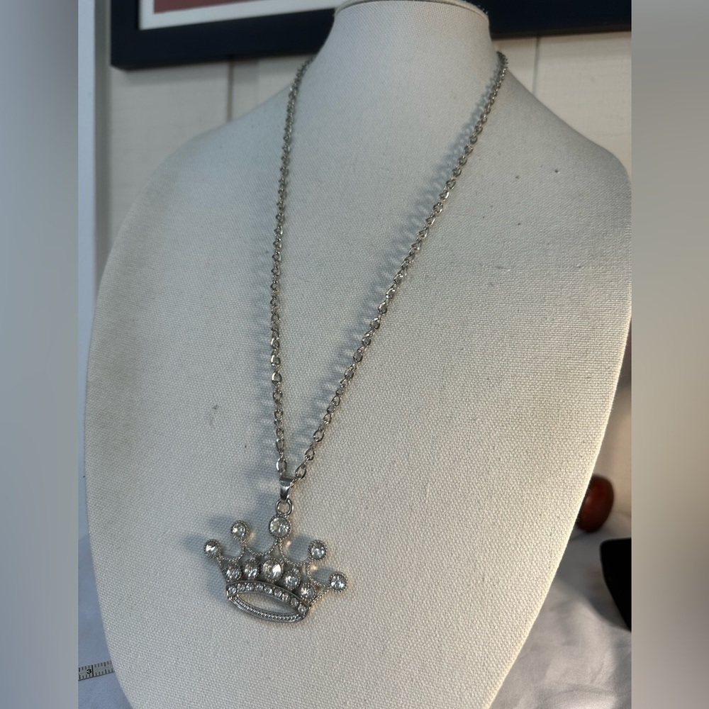 Long silvertone crown necklace with rhinestones